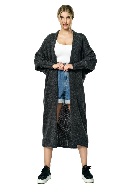Sweter damski długi bez zapięcia z kimonowym rekawem ciemny szary